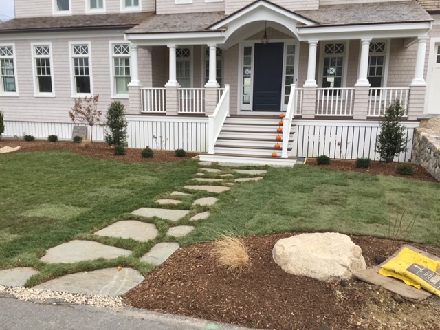 FRont yard sod with stone pathway
